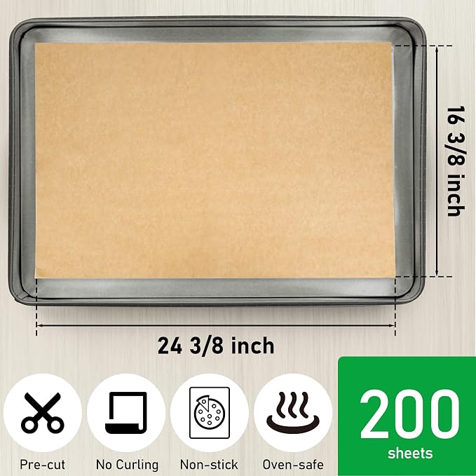 EcoDispose 200 Pcs Non-Stick Parchment Paper Baking Sheets 16-3/8"x24-3/8" | Unbleached, Pre-Cut, Heavy Duty, Greaseproof, Full Pan liner for Bake