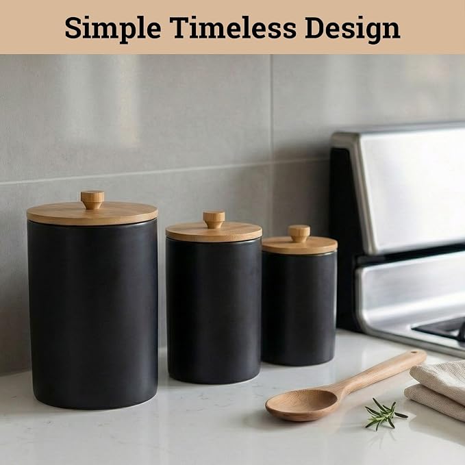 Ceramic Kitchen Canisters for Countertop Set of 3 w/ Airtight Bamboo Lids | Thick Sturdy Ceramic, Matte Finish, Airtight Easy Open Bamboo Lids, Comfortable Bamboo Handles, Jar Volumes: 2, 1, 0.5 quarts