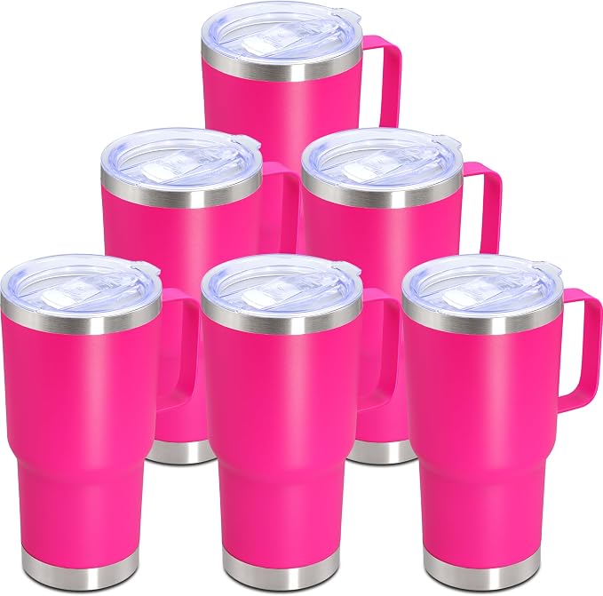 20 oz Tumbler with Handle Coffee Tumblers with Lid Travel Mug Hot Pink 6P | 20oz Tumblers with Handle Double-Wall Insulated Vacuum Coffee Mugs Stainless Steel Tumbler with Handles&Lid Hot Pink 6P