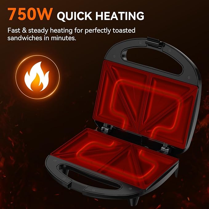 OSTBA Sandwich Maker, 2-Slice Grilled Cheese Maker | 750W Heating with Nonstick Triangle Plates, Indicator Lights, Cool-Touch Handle, Cord Wrap Storage and Easy-Clean Design