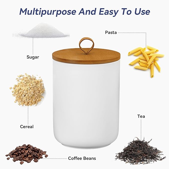 Ceramic Storage Jars, Modern Airtight Canisters with Wooden Lid (White) | Modern Elegant Design, Highly Polished Surface, Airtight For Freshness, Ideal For Spices Tea Sugar Coffee