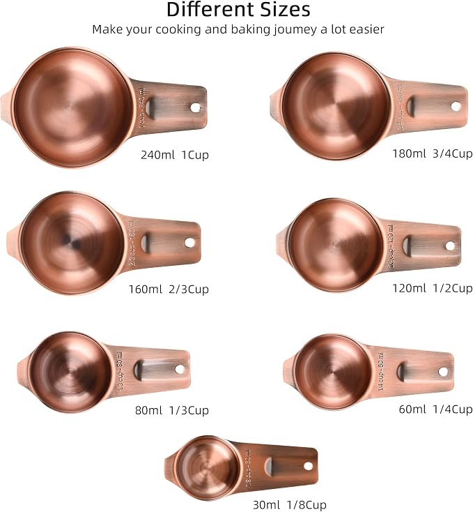 Measuring Cups and Spoons Set, Copper Measuring Cups and Spoons Set for Dry & Liquid, Metric&US 7 Stainless Steel MeasureR Cup&9 Spoon Leveler & Measure Enquivalents for Kitchen & Baking