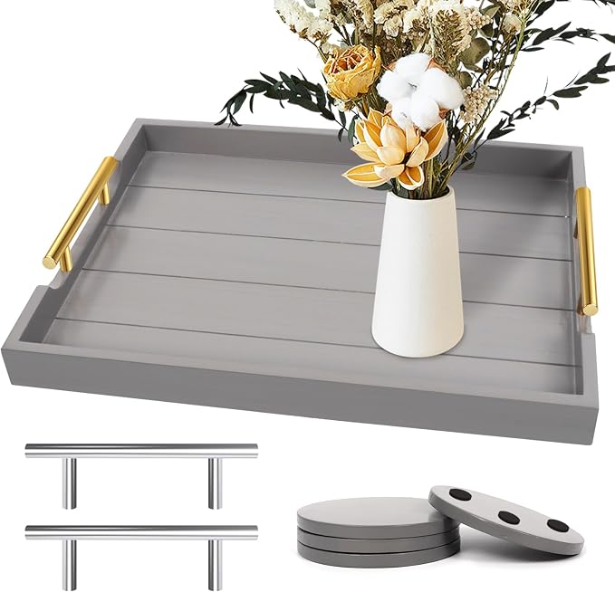 SXNOWS Wooden Serving Tray with 2 Sets of Handles,Gray | 16.5x13 Inch Large Ottoman Tray Platter for Coffee Table Living Room Breakfast in Bed Party, 4 Round Coasters Included