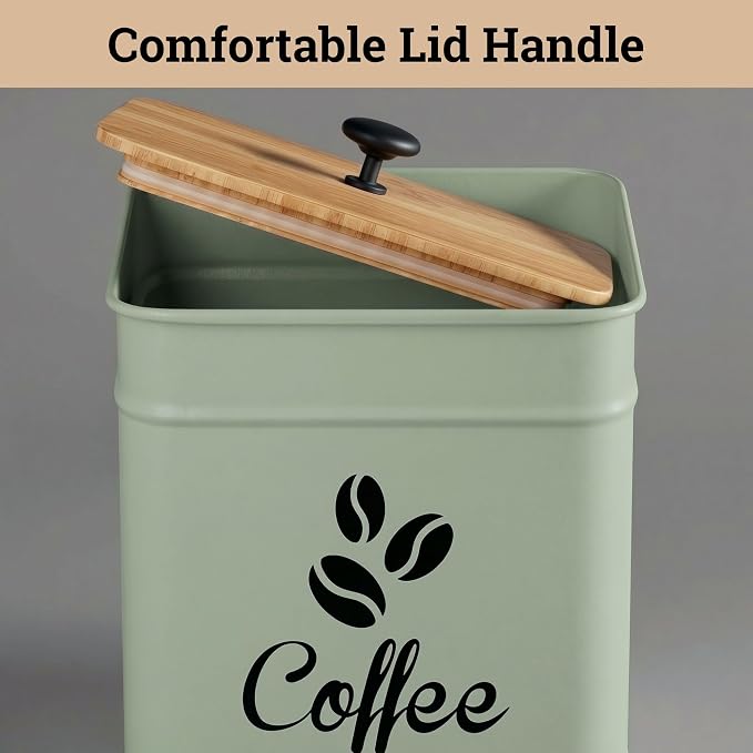 Airtight Coffee Canister 40 oz, 6"x 8" Metal Jar w/ Rubber-Lined Bamboo Lid | 40oz Large Iron, Airtight Coffee Container, Bamboo Lid, Stylish Countertop Container for Coffee Grounds, Beans, Pods & More