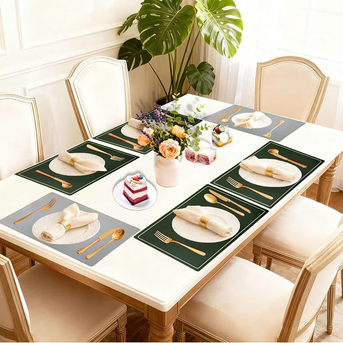 Faux Leather Placemats Set of 4, 11.8"x17.7", Green & Gray | Reversible Table Mats, Waterproof, Stain & Heat Resistant, Easy Clean for Dining, Gatherings, Outdoor