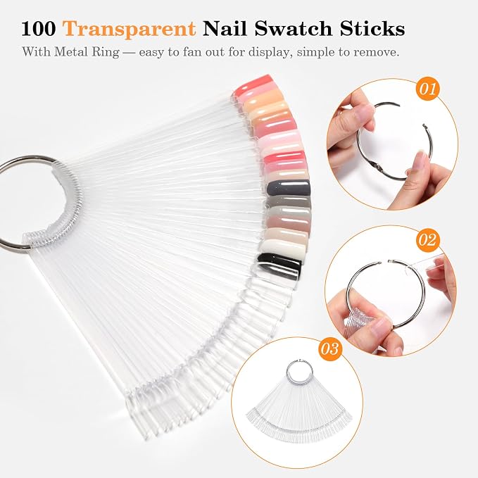 PEACECOLOR 100 Pcs Nail Swatch Sticks with Ring, Nail Color Swatches Display Kit with 120 Blank Number Sticker & Protective Container Box - Clear Fan-Shaped Swatch for Nail Art Practice Home and Salon
