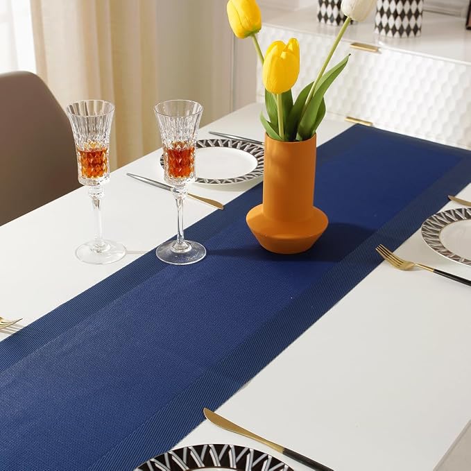 Vinyl Placemats Set of 6 Vinyl Heat-Resistant Table Mats with Matching a Same-Style 72 inches Table Runner (7pcs,Blue)
