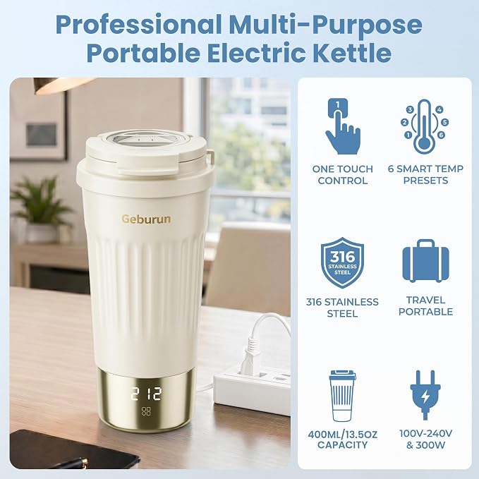 Travel Electric Kettle Portable Water Boiler, 400ml Small Tea Maker with 6 Temp Settings LCD Display, 316 Stainless Steel Vacuum Insulated Tumbler, 100V-240V, Travel Gifts for Men Women(White)