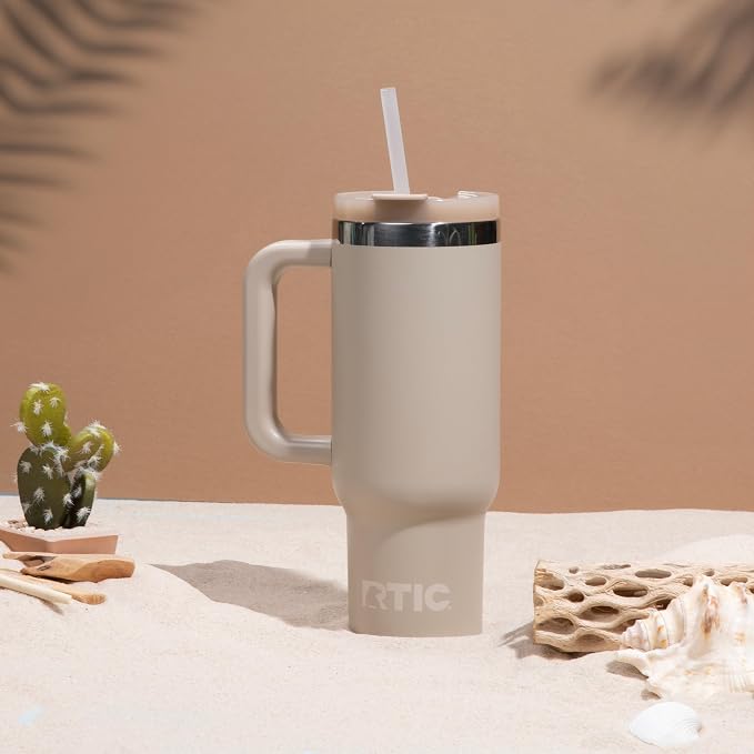 RTIC 30oz Road Trip Tumbler, Insulated, Ceramic Lined, Beach | with Lid, Handle and Straw, Stainless Steel Metal Cup, Portable for Hot and Cold Drinks, Coffee, Car, Camping, Travel