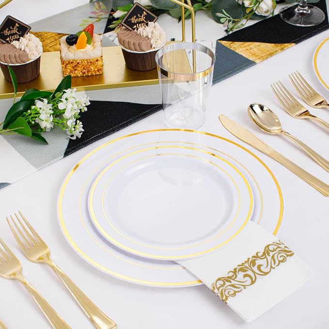 350 Pieces White and Gold Plastic Plates - 50 Guest Dinnerware Set Include 100 Plates, 50 Gold Plastic Silverware, 50 Paper Napkins and 50 Cups for Wedding/Baby Shower/Birthday/Party