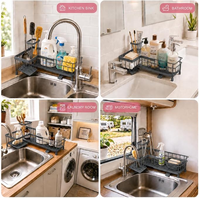 Extendable Corner Sink Sponge Holder, Quick-Drain Caddy for Kitchen Sink, Grey