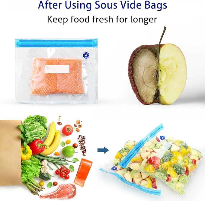 Sous Vide Bags 31 Pcs (24 Pcs Vacuum Zipper Bags & 2 Seal Clips & 5 Air Valves), Reusable BPA Free Vacuum Sealer Bags (11 * 10 in) Vacuum Food Storage Bags for Cooking/Food Storage/Microwave Heating