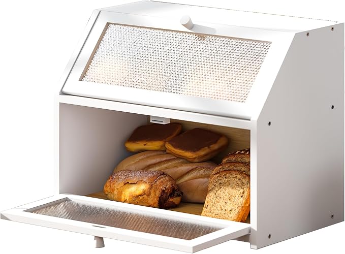 STDDRE Bread Box for Kitchen Countertop Bin Double Layer Bread Box Storage Container Extra Large Capacity Farmhouse with Diamond Pattern Windows (White, Large)
