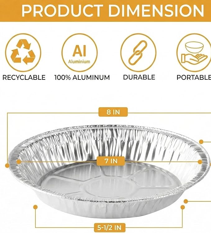 Aluminum Foil Pie Pans, 8 inch Tart Tins, 25 ct. | Made in USA, 7" Inner Diameter, Disposable Foil, Freezer & Oven Safe, For Pies, Quiche & Tarts