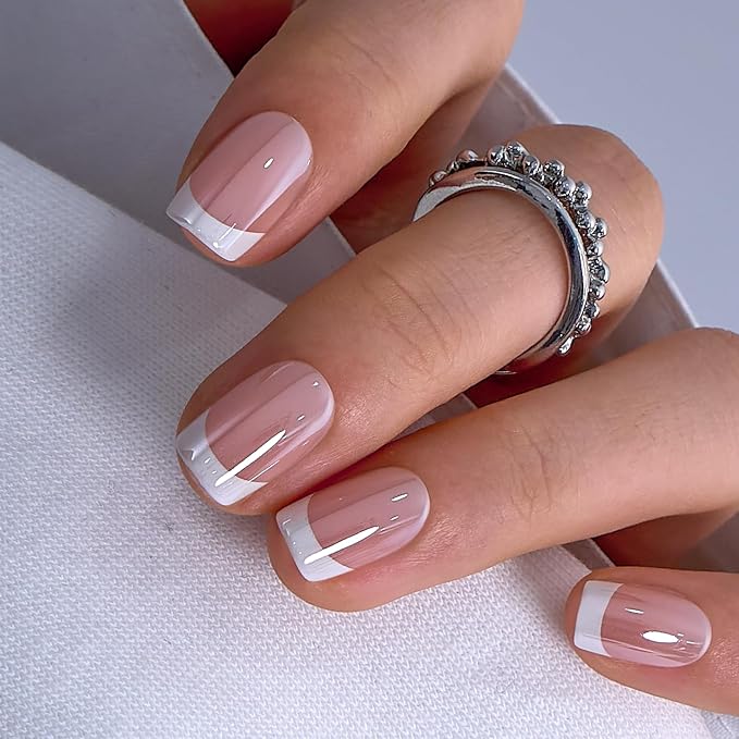 CurvLife Short Square French Tip Press On Nails, Classic, Soft Gel | 32PCS, 16 Sizes, Salon-Quality Natural Fake Nails, Curved Fit, 7-14 Day Glue-On Wear, Reusable Stick-On Nails, Press-On Kit