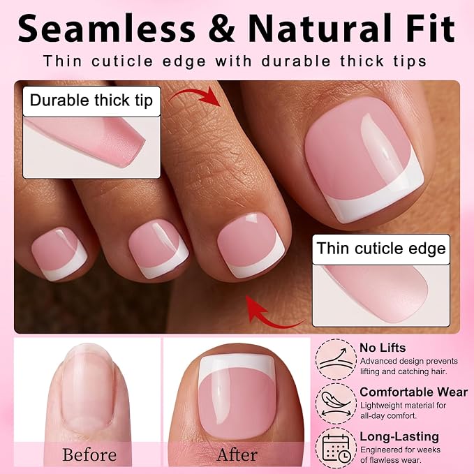 240pc White French Tip Press on Toenails for Women Pink Fake Toenails | French Fake Toe Nails Press ons Nail Square Glue on Toe Nails Acrylic Press on Toes Nails Tip Stick False Artificial Toenail