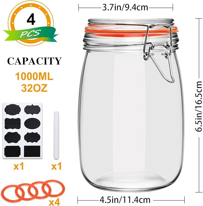 32 oz Wide Mouth Mason Jars with Airtight Hinged Lids, Large Glass Jar with Lid for Pickling, Fermentation, Canning, Food Storage – Set of 4 Glass Storage Containers