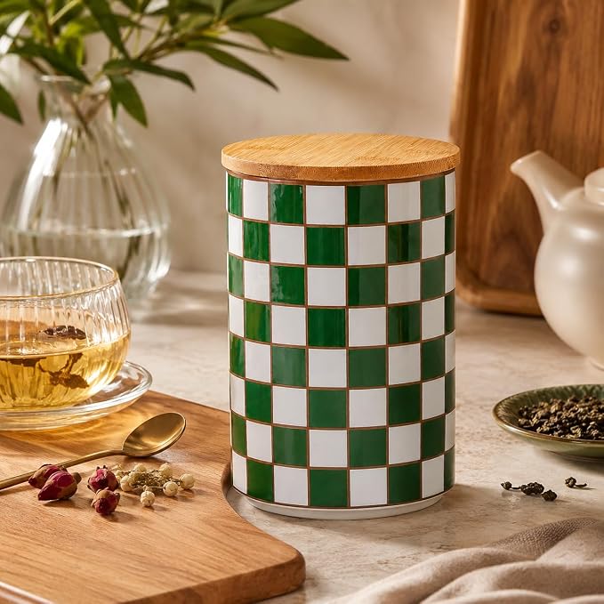 Kitchen Countertop Ceramic Checkered Canisters,Black And White Food Storage Containers With Lid,Airtight Kitchen Canisters for Flour, Sugar, Coffee, Tea, and Dry Goods (Green, XL)