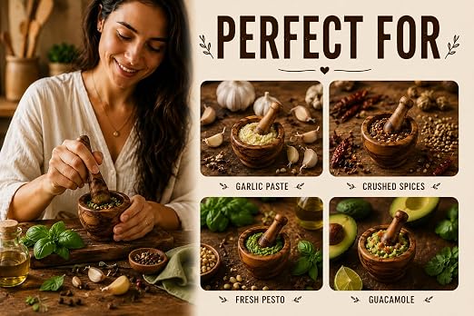 Handmade Wooden Mortar & Pestle Set, Herb Spice Garlic Masala Grinder Bowl | Rustic manual kharal crusher for ginger, peppercorns, seasonings, pesto, guacamole, pill crusher, easy to clean, kitchen prep