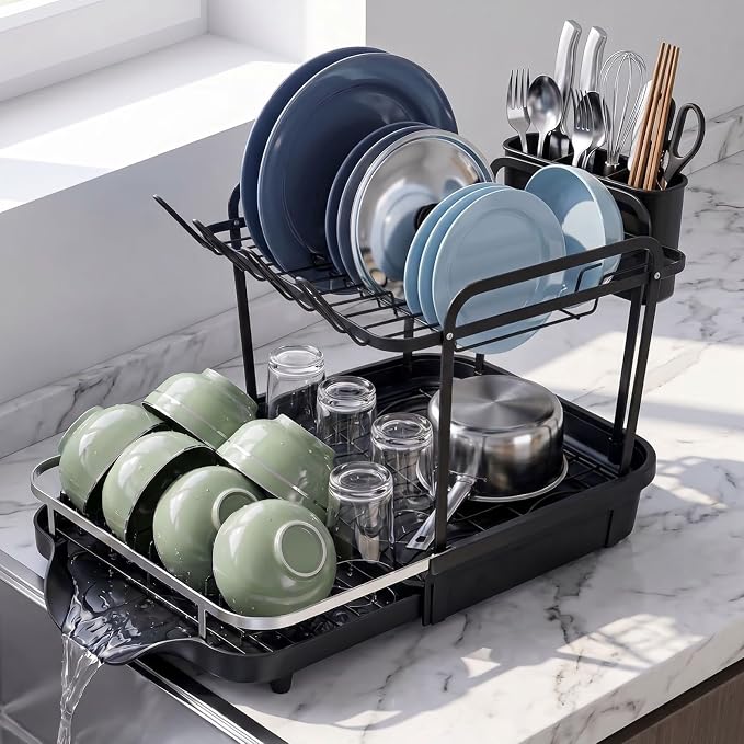 2 Tier Dish Drying Rack, Expandable Stainless Steel Dish Drainer for Kitchen Counter, Rustproof Auto Draining Drainboard, Raised Guardrail, Detachable Utensil Holder, Space Saving Kitchen Organizer