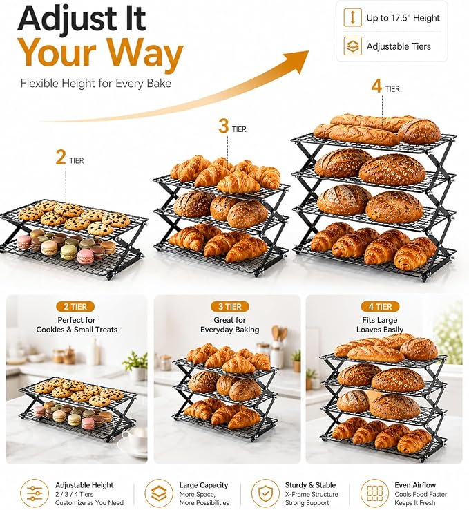 Cooling Racks For Cooking And Baking, 2/3/4-Tier Collapsible Cookie Cooling Rack With Adjustable 3 Setting Design Stackable Roasting Cooking Drying Wire Cooling Rack For Cookies Bread Baking