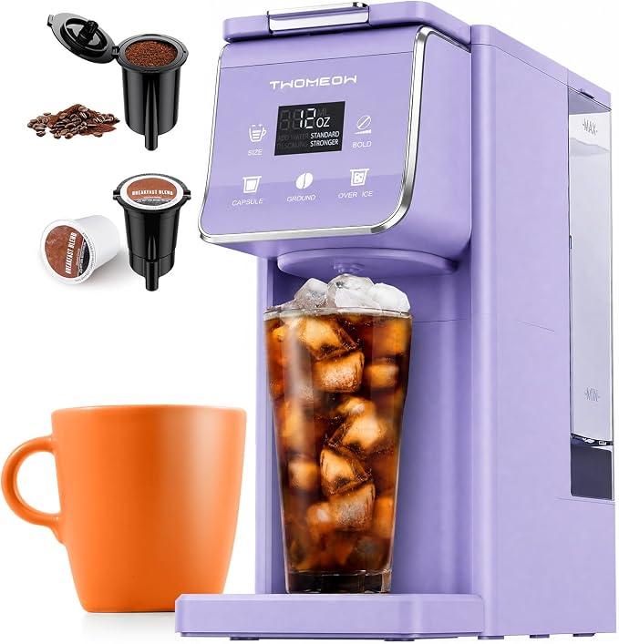 K Cup Coffee Maker, Single Serve Hot & Iced for K-Cup & Grounds | 52oz Removable Reservoir, Single Cup Coffee Maker with Bold Setting, 6-14oz Brew Sizes, Reusable Filter, Compact, Purple