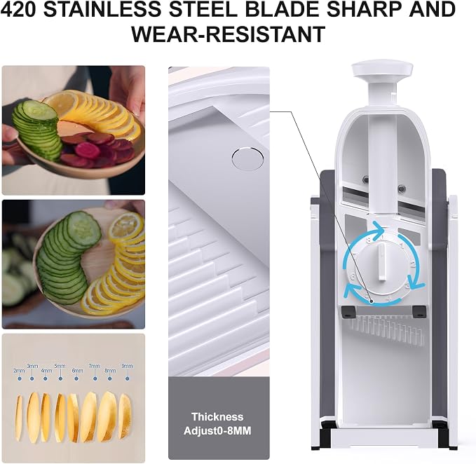 Safe Mandoline Slicer for Kitchen, Vegetable & Food Cutter (Only Slice) | Thickness Adjustable 0.1-8 mm, Potato Slicer for Chips, Easy to Clean, Kitchen Faster Slice, Dishwasher-safe (Light Grey)
