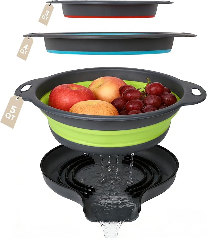 Collapsible Colander Set of 3 with Kitchen Counter Self-draining Base, Round Silicone Food Foldable Strainer for Cooking Pasta, Vegetables and Fruit (3QT, 4QT and 5QT)
