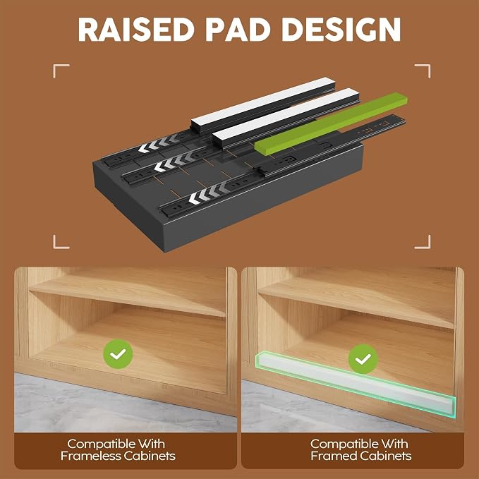Seinloes 2 Pack Expandable (9"-14") Pull Out Cabinet Organizer 21" Deep With Raising Pad for Framed Cabinets,Upgrade 3 Slide Rails Slide Out Drawers,No Drill Roll Out Shelves Adhesive,Black