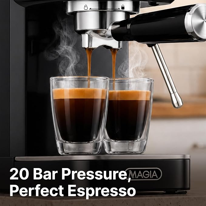 Zulay Kitchen Magia Compact Espresso Machine – 20 Bar Coffee Maker with Milk Frother Steam Wand, Latte & Cappuccino Maker, 1350W Fast Heating, 40oz Removable Water Tank, Stainless Steel – Black