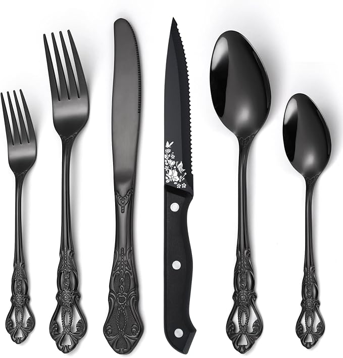 48 Pieces Black Gorgeous Retro Royal Silverware Set with Steak Knives For 8,Stainless Steel Fine Vintage Service Flatware Set Anti-rust Dark Unique Utensil Fork Spoon Knife, Dishwasher Safe