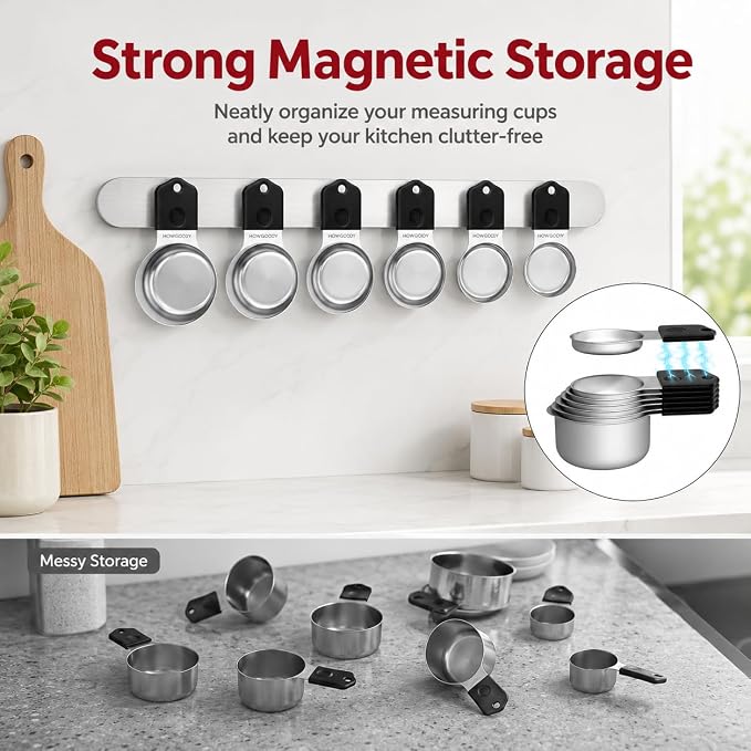 Magnetic Measuring Cups & Spoons Set|304 Stainless Steel Dual Scale Set of 15, Strong N52 Magnetic Nesting Design with Leveler, for Dry&Liquid Ingredients, Dishwasher Safe(Black)