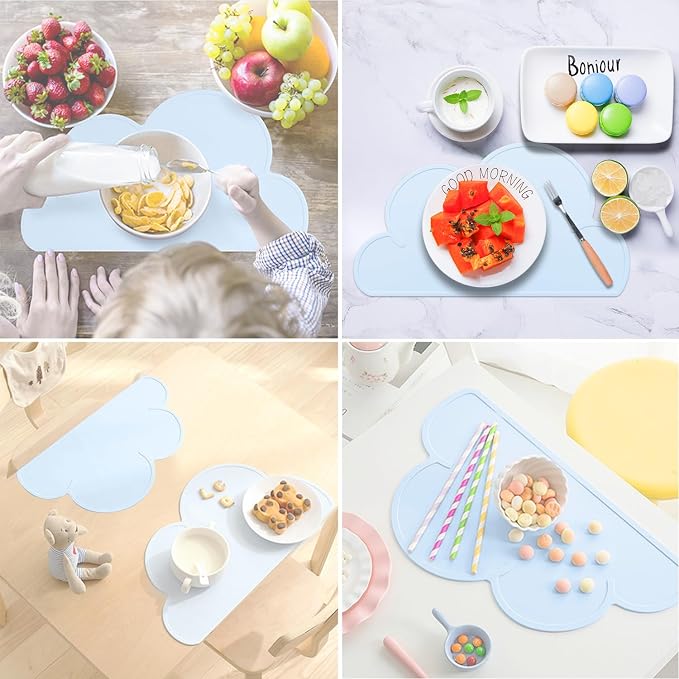 Kids Placemats, Silicone Placemats for Kids Baby Toddlers, Portable Food Mat, Reusable Placemats for Home, Restaurant, Travel and High Chairs-Easy to Clean and Roll Up Light Blue