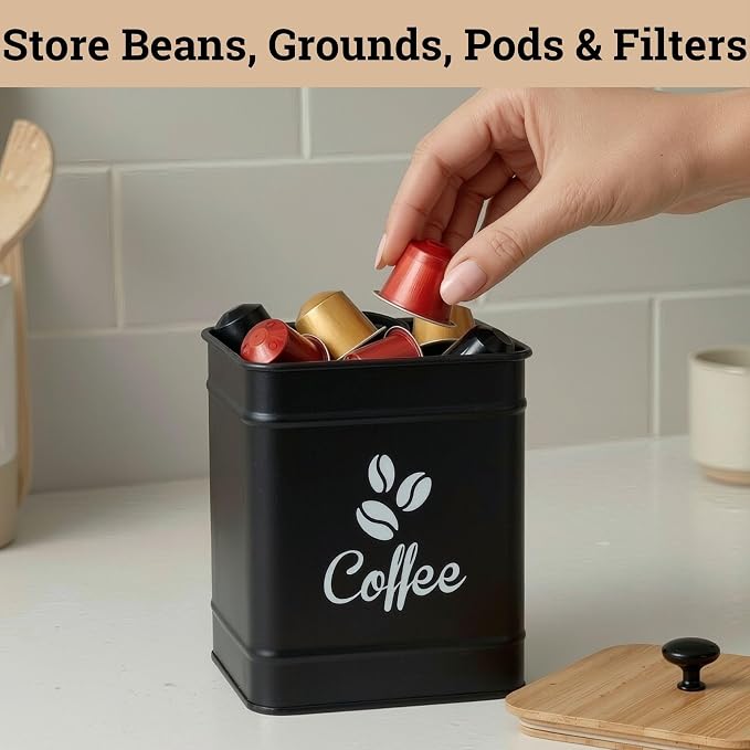 Airtight Coffee Canister 40 oz, 6"x 8" Metal Jar w/ Rubber-Lined Bamboo Lid | 40oz Large Iron, Airtight Coffee Container, Bamboo Lid, Stylish Countertop Container for Coffee Grounds, Beans, Pods & More