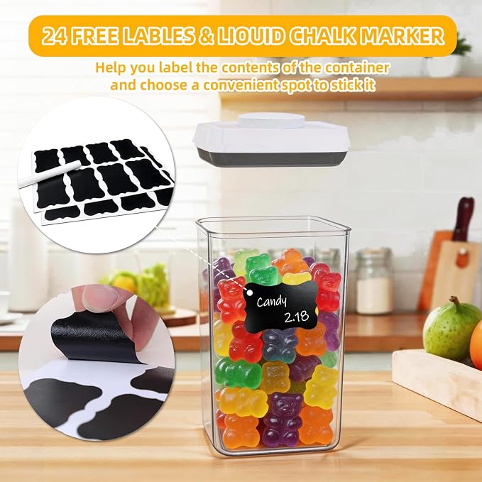 Pop Push Button Airtight Food Storage Containers 6 Set | 4 Sizes: 0.65/0.7/1.8/2.4Qt, BPA-Free Clear Canisters for Pantry, Pasta, Snacks, Coffee, Pet Food, Fridge