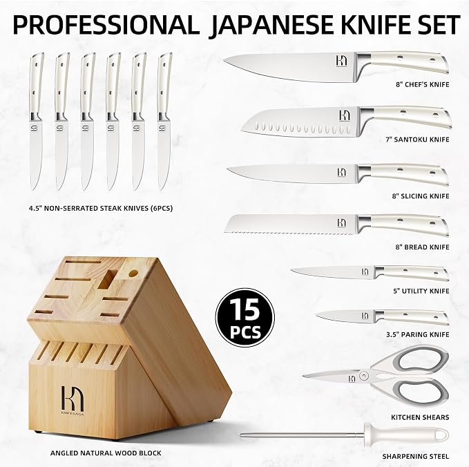 KnifeSaga Japanese 15-pc Kitchen Knife Block Set, Professional, Razor Sharp | Innovative Steel, High Carbon Stainless, Enduring Sharpness, Ergonomic Handle, Full-tang, Gift Box
