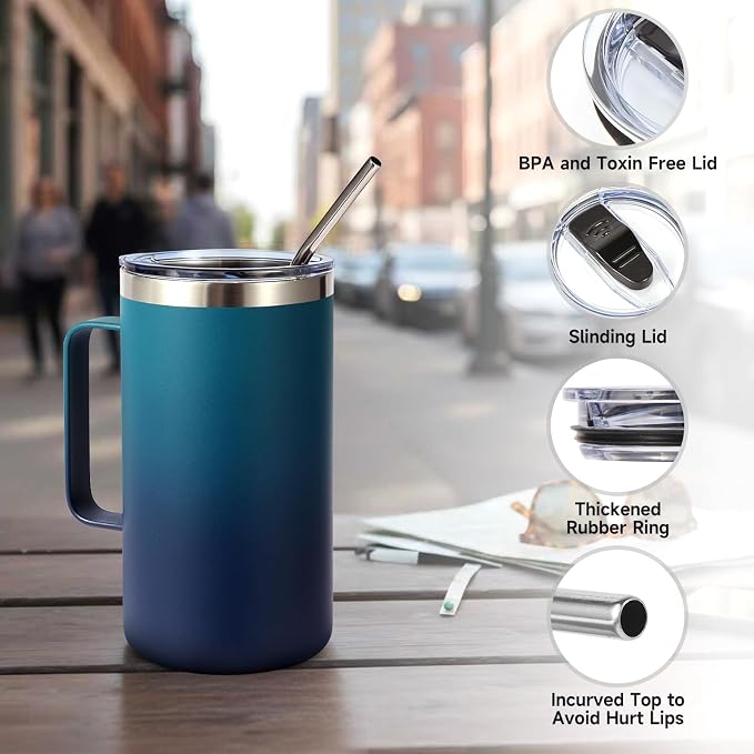 Volhoply 22oz Insulated Stainless Steel Coffee Mugs with Leakproof Lid Bulk 2 Pack,Double Wall Vacuum Travel Coffee Cup with Handle,Reusable Metal Tumbler,Camping Mug Keep Hot&Cold(Dark Night,2)