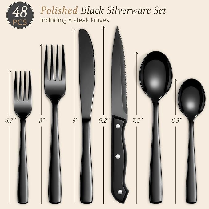 Hiware 48-Piece Black Silverware Set for 8, 18/10 Stainless Steel Flatware Cutlery Set with Forks, Knives, Spoons, Steak Knives, Durable and Elegant Design Utensils Tableware - Dishwasher Safe