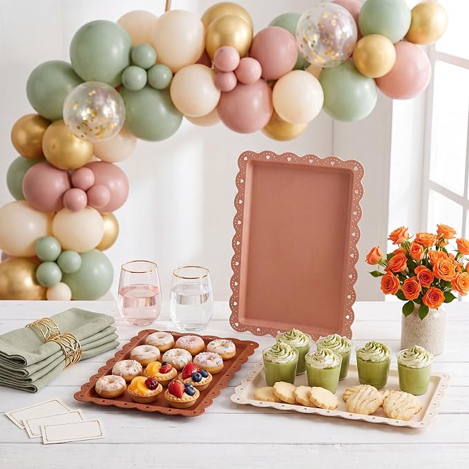 6 Pcs Brown Serving Trays Plastic Platters Dessert Cupcake Holder Party Supplies 14.4 x 9.3 Inches Rectangular Cookie Snack Display Tray for Wedding Restaurant