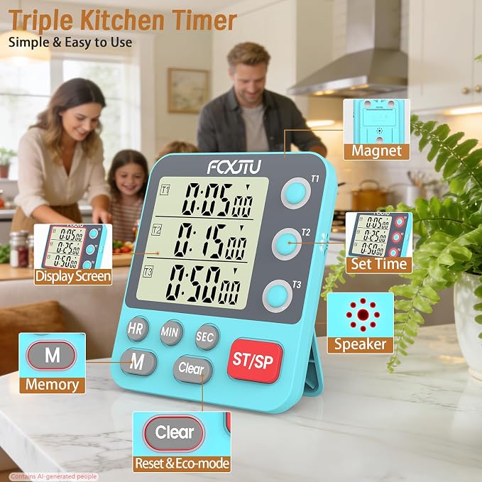 Digital Dual Kitchen Timer, Multi-Channel Magnetic Countdown for Cooking | 3Groups Triple Independent Countup Food Timer, Memory Presets, Large Display, Loud Alarm & Mute, 3A Battery & Stand Included