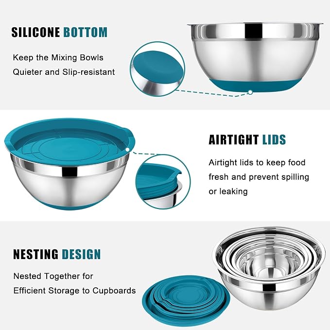 P&P CHEF Mixing Bowls with Lid Set, Nesting Bowl for Storing, Blue | 5 Piece Stainless Steel Salad Mixing Bowls for Prepping, 3 Grater Attachments & Non-Slip Bottoms, Size 1/1.5/2 / 2.6/4.6 QT
