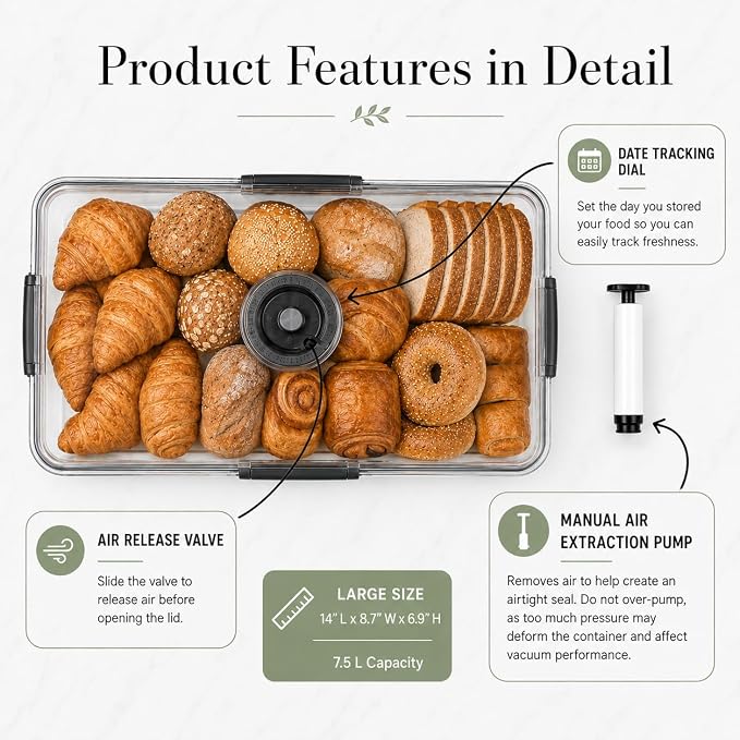 Airtight Bread Box, Sourdough Storage Container, Large 7.5L | Clear BPA-free plastic, manual air pump, date dial, silicone seal and drain tray; for sourdough, large loaves and baked goods