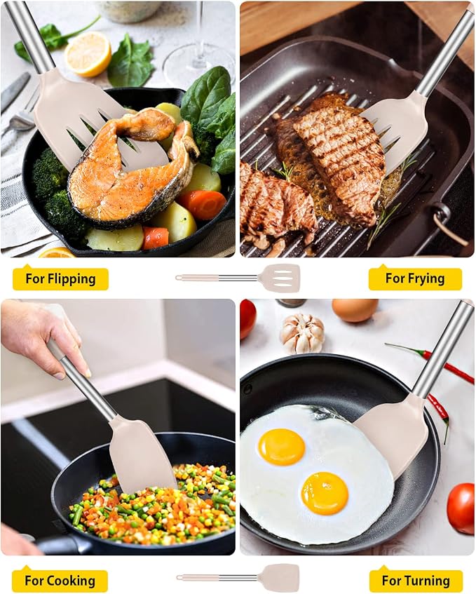 Pack of 2 Silicone Solid Turner, Non Stick Slotted Kitchen Spatulas, High Heat Resistant BPA Free Cooking Utensils, Ideal Cookware for Fish, Eggs, Pancakes(Stainless Steel Khaki)