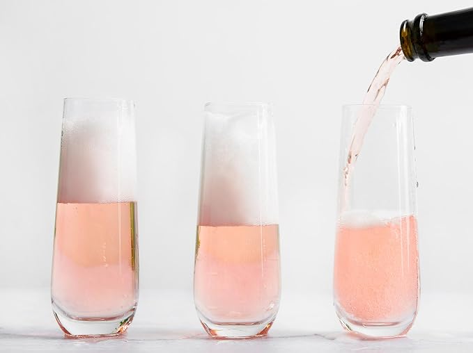 KooK Stemless Glass Champagne Flutes, Cocktail Cups for Rose, 9.4 oz (Classic Set of 4) Prosecco, Mimosa, Great for Weddings and Parties, Dishwasher Safe