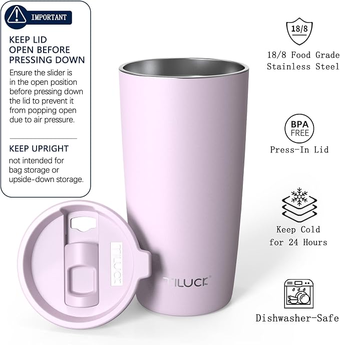 TILUCK 20 oz Insulated Coffee Tumbler with BPA-Free Lid | Travel Coffee Mug, Dishwasher Safe, Cup Holder Friendly,Double-Wall Vacuum Insulation for Hot & Cold Drinks, MatteLightPurple