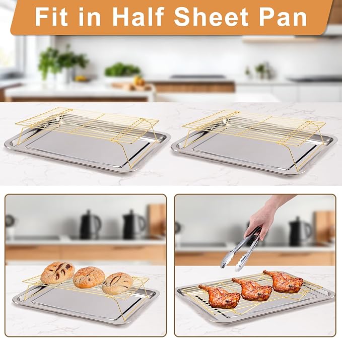 Cooling Rack for Cooking Baking 3 Tiers, 16" x 10" Wire Rack, Gold | Thick Wire Rack, Oven & Dishwasher Safe, for Roasting, Grilling, Drying, Fits Half Sheet Pan