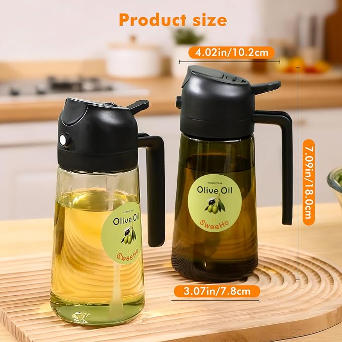 Oil Sprayer for Cooking,470ml Cooking Olive Oil Sprayer and Oil Dispenser 2 In 1, Food-grade Glass Oil Spray Bottle Mister for Air Fryer, BBQ, Griddle (Black+transparent glass and color label)