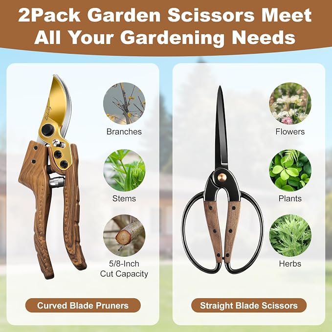 2Pack Garden Pruning Shears Set: Ultra Sharp SK5 Blade Gardening Shears & Precision Garden Scissors,Wood Like&Wide Walnut Ergonomic Handle,Perfect for Plant,Bonsai,Shrub,floral,Branch Trimming