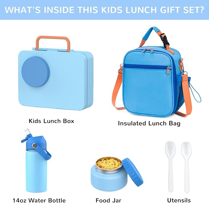 Bento Lunch Box for Kids Adult, Leakproof 3-4 Compartment Bento Box Set with Insulated Food Jar,Water Bottle, Lunch Bag, School Lunch Container for Toddler Teen Girls Boys Ages 3+(Blue)