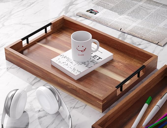 Fibogollo Acacia Wood Set of 2 Serving Tray with Metal Handles,Ottoman Decorative Trays Platter for Coffee Table,Living Room,Bar,Party